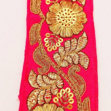 Fuchsia Pink Art Silk Trim In Gold Floral Embroidery, Gold Embroidered Flowers Border, Floral Trim